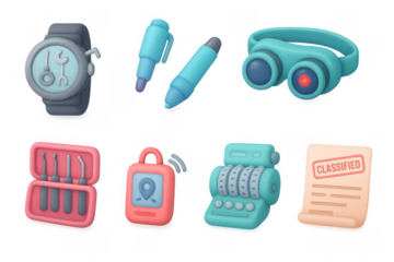 Futuristic gadgets in soft 3d style: watch, headset, tools, and tech accessories