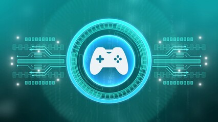 Glowing video game controller icon with circuit board and digital data on teal background joystick gaming