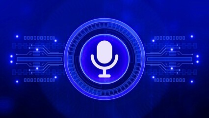 Neon blue microphone icon with digital circuit board and data streams on dark blue background audio sound