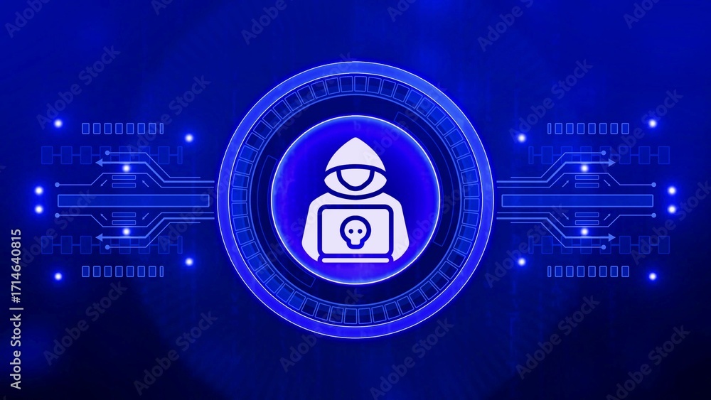 Poster blue digital hacker icon with skull on laptop in futuristic cyber network cyber security technology