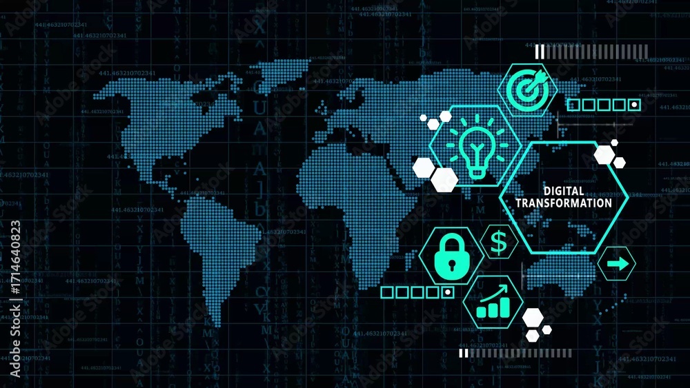 Aufkleber blue digital world map with digital transformation icons and data streams technology connection