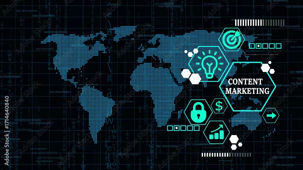 Poster blue digital world map with content marketing icons and data streams global technology