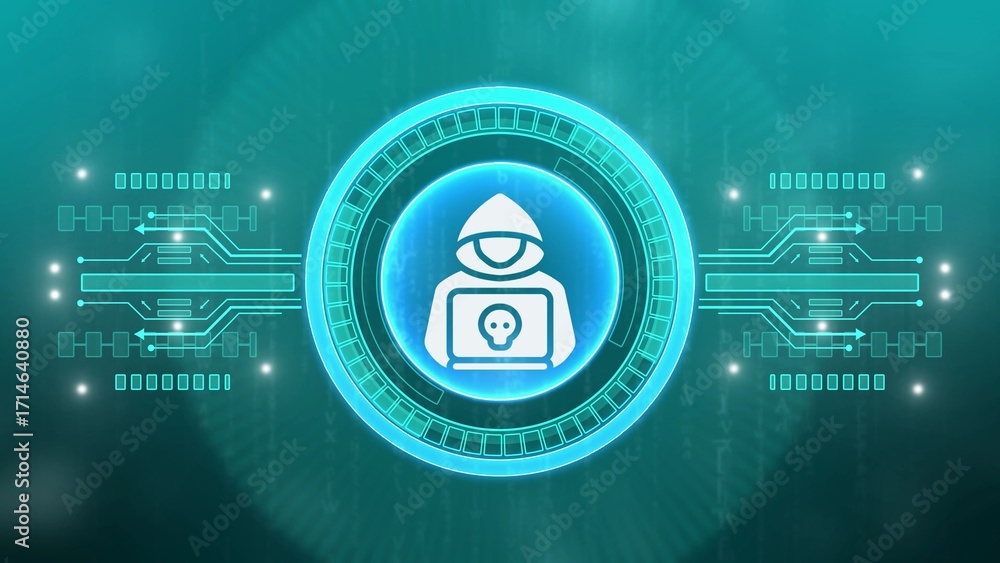 Aufkleber digital hacker icon with skull on laptop in glowing cyber network background cyber security technolo