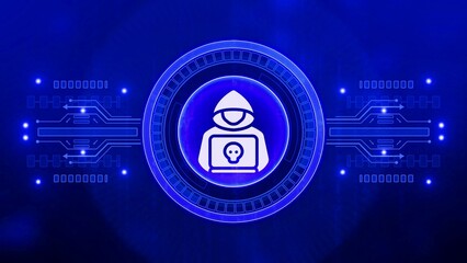 Blue Digital Hacker Icon with Skull on Laptop in Futuristic Cyber Network cyber security technology