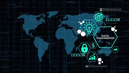 Blue Digital World Map with Digital Transformation Icons and Data Streams technology connection