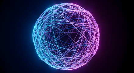 An abstract glowing three dimensional geometric sphere composed of interconnected lines and illuminated with vibrant neon blue and purple light against a dark background
