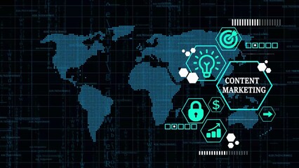Blue Digital World Map with Content Marketing Icons and Data Streams global technology