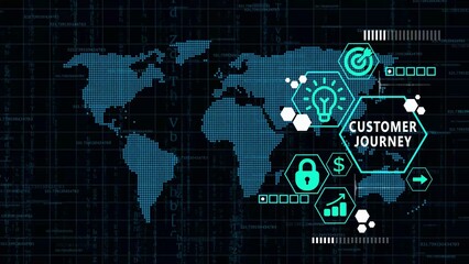 Customer Journey Concept with World Map and Teal Digital Icons on Dark Background global technology
