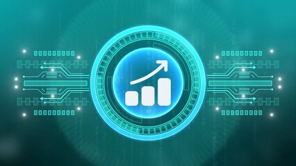 Digital Growth Chart Icon with Upward Arrow in Neon Circuitry and Data Background bar graph business