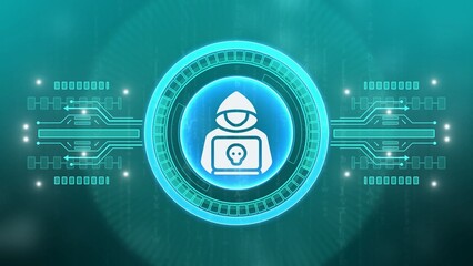 Digital Hacker Icon with Skull on Laptop in Glowing Cyber Network Background cyber security technology