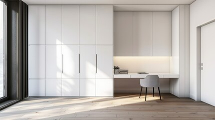 White built-in wardrobe with cabinets and a table in a minimalist style room