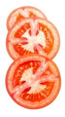 Three vibrant tomato slices, showcasing the juicy interior, arranged in a stacked composition against a plain white background.