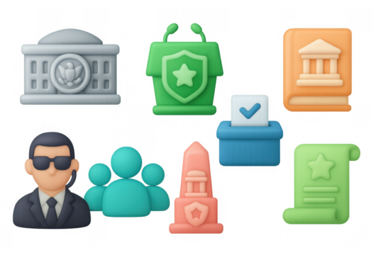 3d colorful government and legal icons set featuring security and justice symbols