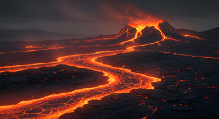 A dramatic night view of an erupting volcano with glowing rivers of lava flowing across a dark,...