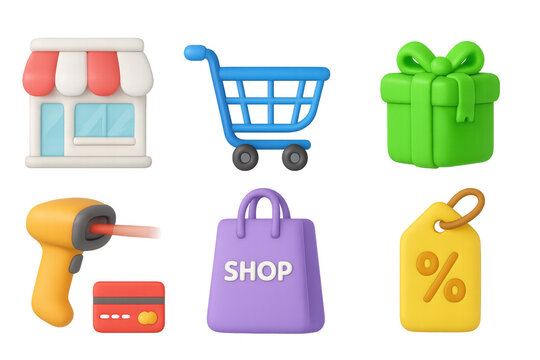 Colorful 3d icons of shopping, gift, and sale elements for retail and e-commerce design - Powered by Adobe