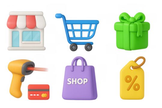 Colorful 3d icons of shopping, gift, and sale elements for retail and e-commerce design