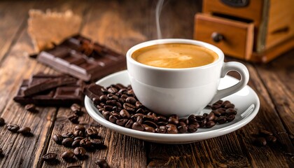 Fototapeta premium Aromatic Coffee Beans and Hot Coffee Cup on Wooden Table.
