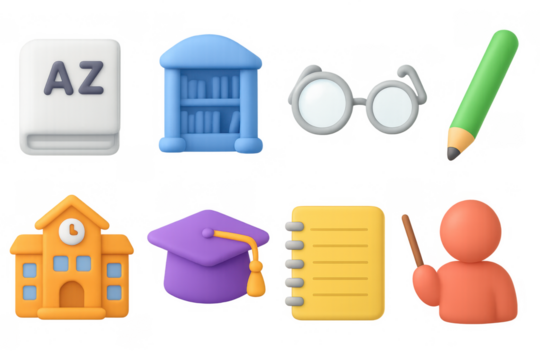 Colorful 3d school icons set featuring education and learning essentials