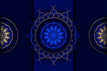 Spiritual mandala design with blue circles and golden ornate floral pattern decoration