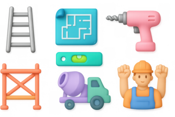 Colorful 3d construction tools and worker icons set for building projects