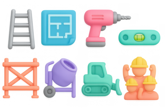 Playful construction tools and equipment in vibrant 3d design