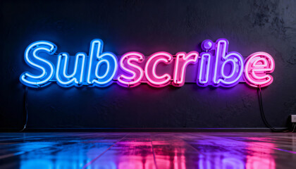 3D Embossed Neon Subscribe Text with Colorful Reflections on Floor
