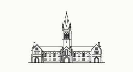 Fototapeta premium Minimalist sketch of historic cathedral-style building with tall central tower and gothic architectural elements in detailed line art perspective.
