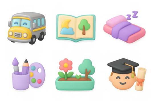 3d cartoon icons: school bus, bed, art supplies, gardening, graduation, book