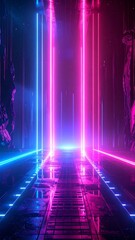 Neon-lit corridor in a dark, futuristic space