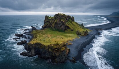 Dramatic island and black sand beach, aerial view