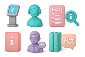 3d assistance and language icons for information and faq services
