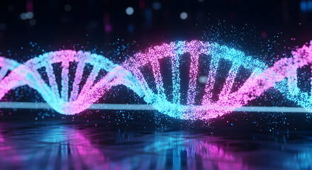 Abstract digital representation of a glowing dna double helix structure with vibrant pink and blue neon lights against a dark background symbolizing genetics and science