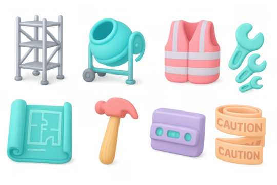 3d construction equipment and safety icons set for projects