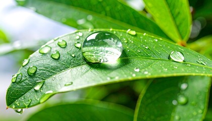 Close-up of a dewdrop on a vibrant leaf