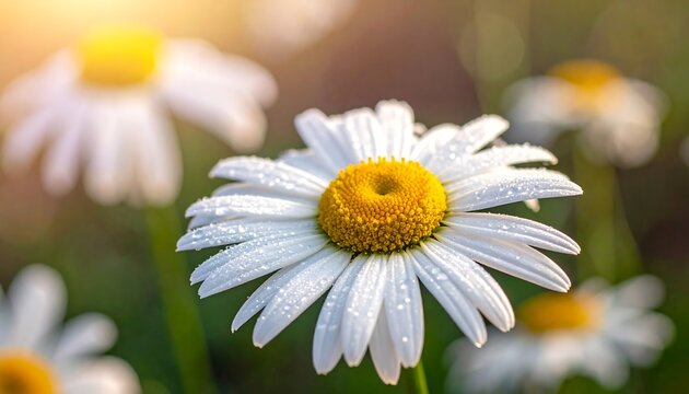 Closeup of a beautiful daisy with morning dew drops.