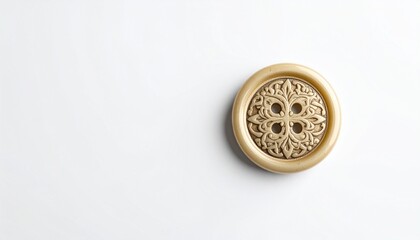 A single ornate vintage-style gold button with an intricate pattern, isolated on a clean white background with ample copy space