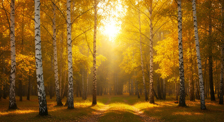 A sunlit birch forest glowing with golden autumn leaves and a serene path.