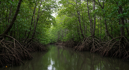 A serene waterway winds through a dense, lush green mangrove forest with intricate prop roots emerging from the water.