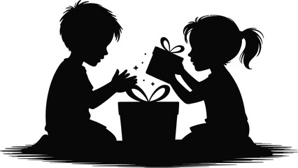 Children opening gift vector silhouette present surprise
