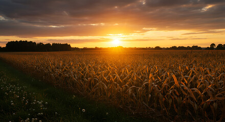 A golden sunset bathes a vast cornfield in warm light under a dramatic cloudy sky.
