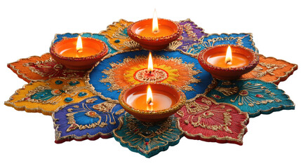 Diwali rangoli with diyas and colorful decorative lamps isolated on white background