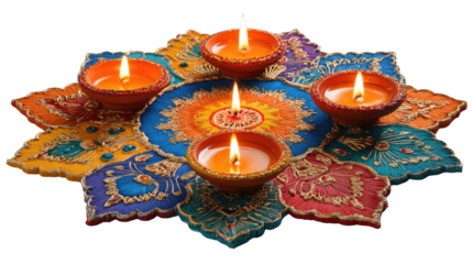 Diwali rangoli with diyas and colorful decorative lamps isolated on white background