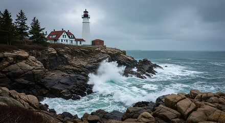 A dramatic view of a white lighthouse and its keeper's house on a rugged, rocky coastline with powerful waves crashing against the shore under an overcast sky.