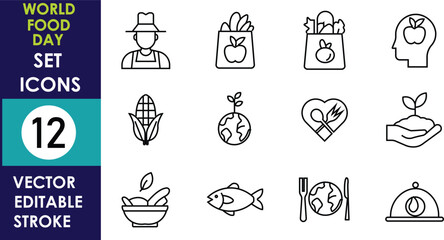 A minimalistic black outline vector icon set for World Food Day, featuring food, farmers, sustainability, healthy eating, and global awareness, presented in editable stroke design