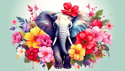 Elephant surrounded by vibrant flowers