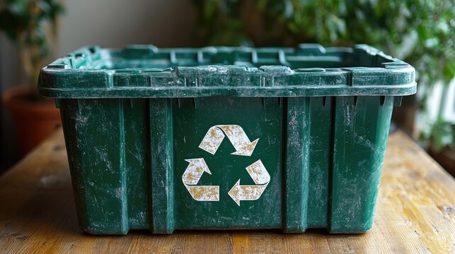 Green plastic recycling bin with recycling symbol, promoting waste sorting and resource conservation
