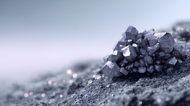 Hyperrealistic macro shot of argentite ore cluster with steel gray metallic silver sulfide crystals