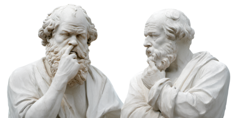  socrates and sphere, stone statues of two ancient greek men contemplating life's questions, transparent