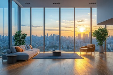 Upscale office space with large windows offering a stunning view of the city skyline during sunset