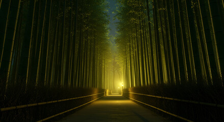 A serene pathway winding through a glowing bamboo forest at night, illuminated by soft golden lanterns.